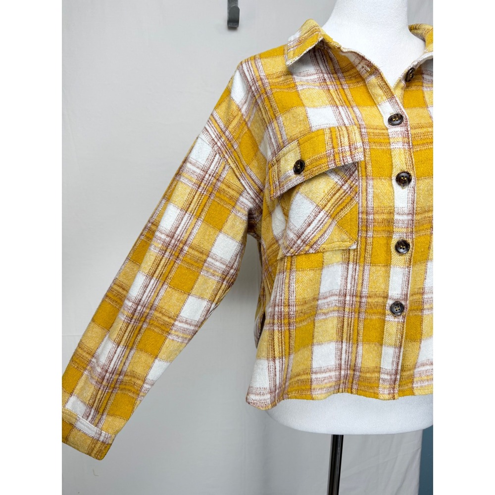 Easel Los Angeles Women Jacket L Yellow Plaid Button Up Cropped Shacket - Picture 2 of 10